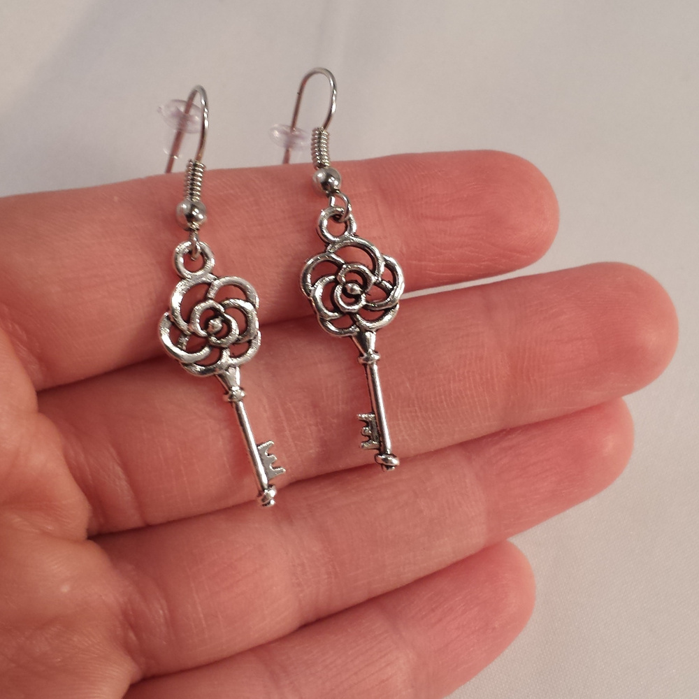 Silver Rose Key Earrings Hypoallergenic Hooks!